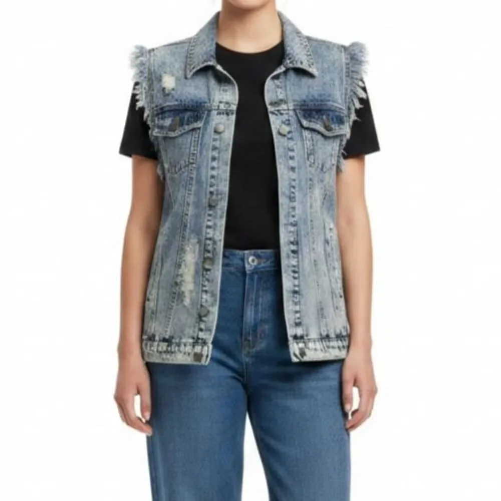 Umgee Acid Washed Denim Midi Vest Women Small Retro 90s Frayed Factory Distress - Picture 1 of 12